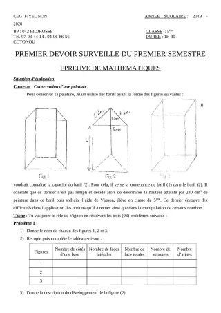 Première page de Mathématiques 5e — 1er devoir surveillé, 1er semestre (2019-2020) · CEG FIYEGNON