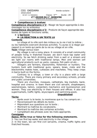 Première page de Anglais 5e — Devoir surveillé, 1er semestre (2018-2019) · CEG OKEDAMA