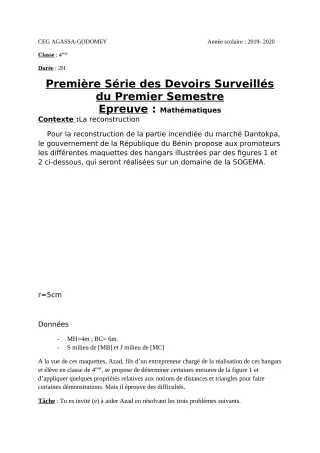 Première page de Mathématiques 4e, 4e ML — 1er devoir surveillé, 1er semestre (2019-2020) · CEG Agassa Godomey