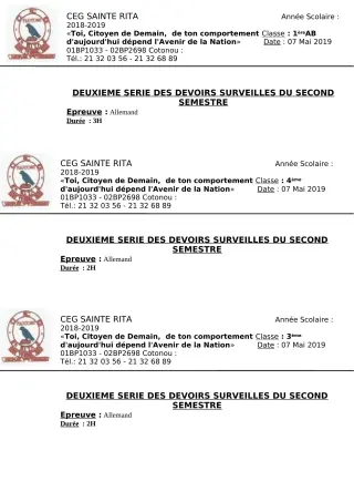Première page de Allemand 4e ML&MC, 3e ML, 2nde A & B, 1ère A, 1ère B, Tle A2 — 2e devoir surveillé, 2e semestre (2018-2019) · CEG Sainte Rita