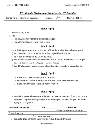 Première page de Histoire-Géographie 6e — 2e production scolaire, 2e semestre (2022-2023) · CEG GOHO