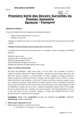 Première page de Espagnol 3e ML — 1er devoir surveillé, 1er semestre (2018-2019) · CEG Agassa Godomey