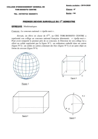 Première page de Mathématiques 6e, 4e, 4e ML, 3e, 3e ML — 1er devoir surveillé, 1er semestre (2019-2020) · CEG Tori-Bossito Centre