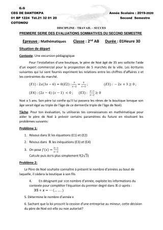 Première page de Mathématiques 2nde A, 2nde A & B, 2nde A1, 2nde B — 1re évaluation sommative, 2e semestre (2019-2020) · CEG Dantokpa