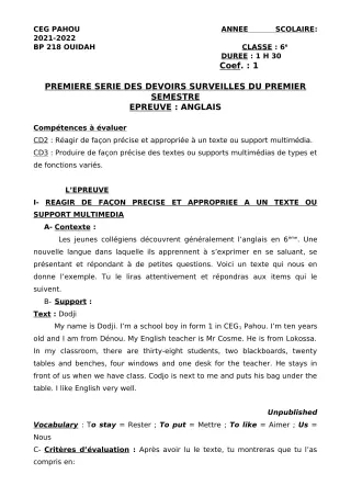 Première page de Anglais 6e — 1er devoir surveillé, 1er semestre (2021-2022) · CEG PAHOU