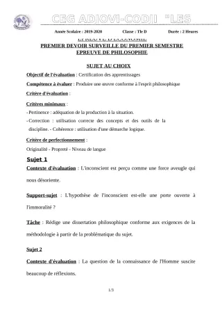 Première page de Philosophie Tle D — 1er devoir surveillé, 1er semestre (2019-2020) · CEG ADJOVICODJI 'LES OLIVIERS'