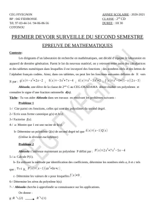 Première page de Mathématiques 2nde C, 2nde D — 1er devoir surveillé, 2e semestre (2020-2021) · CEG FIYEGNON