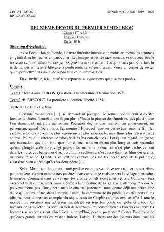 Première page de Français 1ère A & B, 1ère A1, 1ère A2, 1ère B, 1ère D — Interrogation, 1er semestre (2019-2020) · CEG Attogon