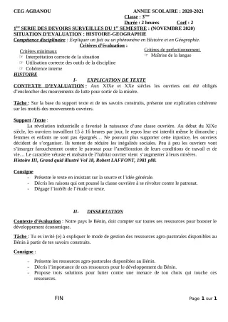 Première page de Histoire-Géographie 3e — 1er devoir surveillé, 1er semestre (2020-2021) · CEG AGBANOU