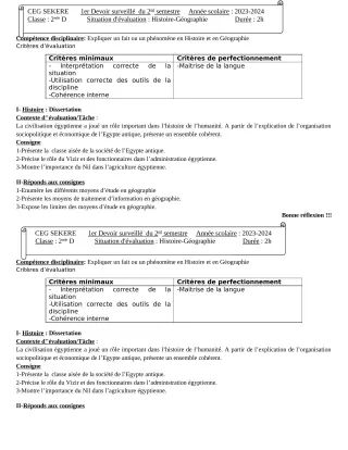 Première page de Histoire-Géographie 2nde D — 1er devoir surveillé, 2e semestre (2023-2024) · CEG SEKERE