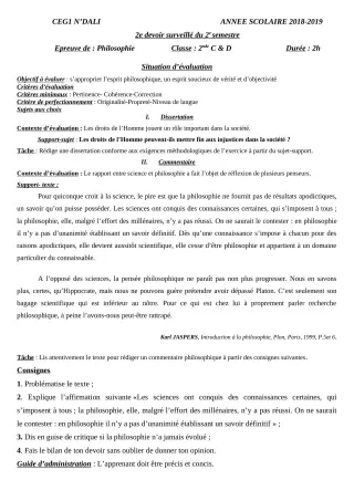 Première page de Philosophie Tle D — 2e devoir surveillé, 2e semestre (2018-2019) · CEG 1 N'Dali