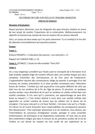 Première page de Français Tle A2 — 2e devoir surveillé, 1er semestre (2020-2021) · CEG SEKERE