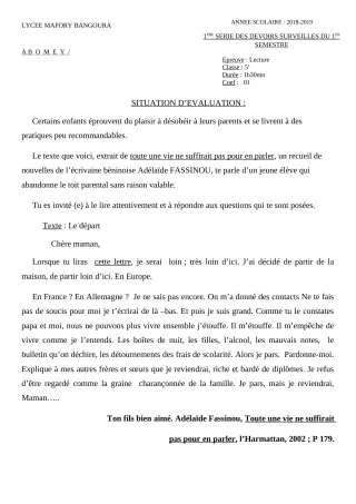 Première page de Français 5e — 1er devoir surveillé, 1er semestre (2018-2019) · Lycée Houegbadja d'Abomey (Ex Mafory Bangoura)