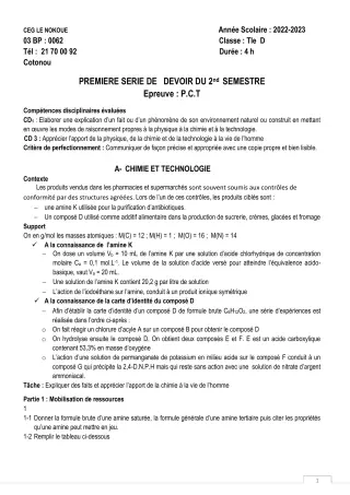 Première page de PCT Tle D — 1er devoir surveillé, 2e semestre (2022-2023) · CEG LE NOKOUE