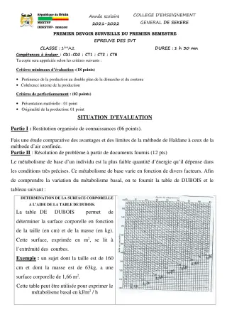 Première page de SVT 1ère A2 — 1er devoir surveillé, 1er semestre (2021-2022) · CEG SEKERE