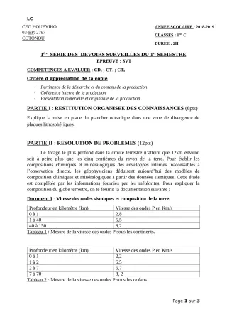 Première page de SVT 1ère C — 1er devoir surveillé, 1er semestre (2018-2019) · CEG HOUEYIHO