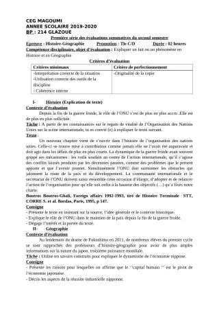 Première page de Histoire-Géographie 3e, 3e ML — 1re évaluation sommative, 2e semestre (2019-2020) · CEG MAGOUMI