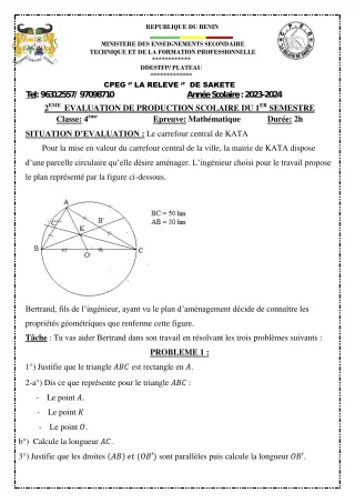 Première page de Mathématiques 4e — 2e production scolaire, 1er semestre (2023-2024) · CPEG LA RELEVE