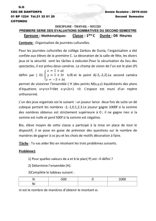 Première page de Mathématiques 1ère C — 1re évaluation sommative, 2e semestre (2019-2020) · CEG Dantokpa