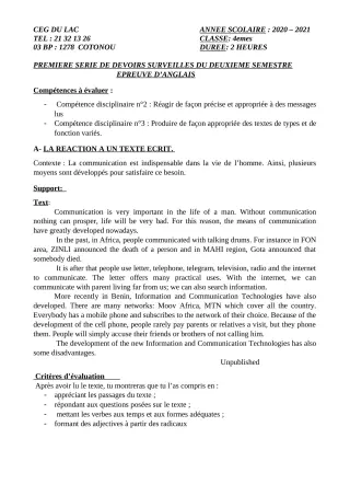 Première page de Anglais 4e — 1er devoir surveillé, 2e semestre (2020-2021) · CEG du Lac