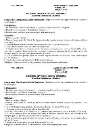Première page de Histoire-Géographie 5e — 2e devoir surveillé, 2e semestre (2023-2024) · CEG SEKERE