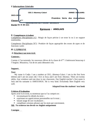 Première page de Anglais 6e — 1re évaluation sommative, 1er semestre (2023-2024) · CEG2 ABOMEY - CALAVI (CEG ZOCA)