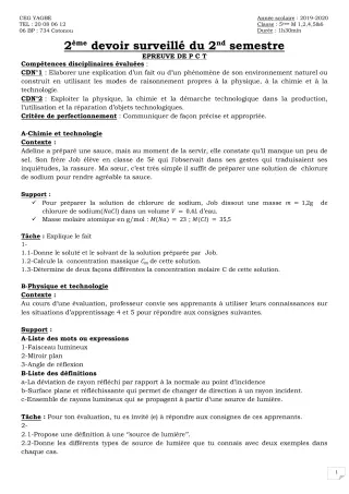 Première page de PCT 5e — 2e devoir surveillé, 2e semestre (2019-2020) · CEG Yagbe