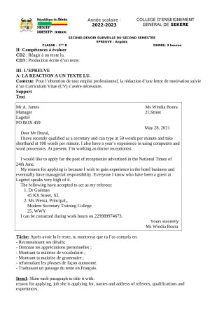 Première page de Anglais 1ère D — 2e devoir surveillé, 2e semestre (2022-2023) · CEG SEKERE