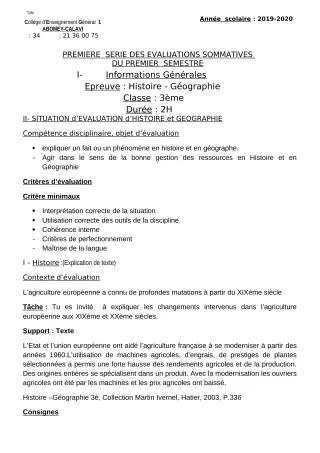 Première page de Histoire-Géographie 3e, 3e ML — 1re évaluation sommative, 1er semestre (2019-2020) · CEG1 Abomey-Calavi