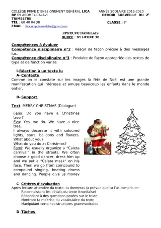 Première page de Anglais 6e — Devoir surveillé, 1er trimestre (2019-2020) · CPEG LICA
