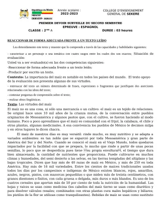 Première page de Espagnol 2nde A2 — 1er devoir surveillé, 2e semestre (2022-2023) · CEG SEKERE