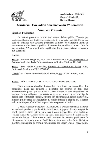Première page de Français Tle A & B — 2e évaluation sommative, 2e semestre (2018-2019) · CEG Sékou