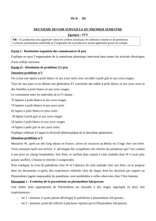 Première page de SVT Tle D — 2e devoir surveillé, 1er semestre (2020-2021) · CEG Dantokpa