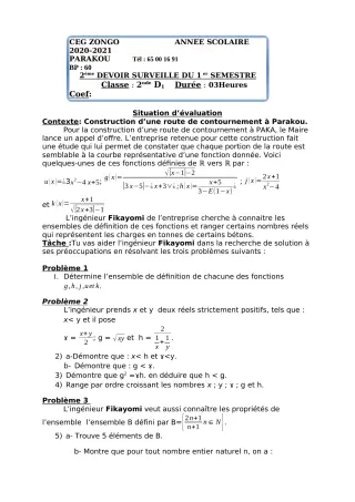 Première page de Mathématiques 2nde D — 2e devoir surveillé, 1er semestre (2020-2021) · CEG ZONGO