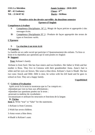 Première page de Anglais 6e — 1er devoir surveillé, 2e semestre (2018-2019) · CEG Le Méridien