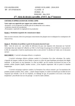 Première page de SVT 4e, 4e ML — 2e devoir surveillé, 2e semestre (2018-2019) · CEG Banikanni