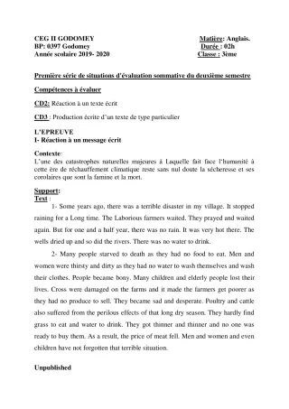 Première page de Anglais 3e, 3e ML — Évaluation sommative, 2e semestre (2019-2020) · CEG2 Godomey