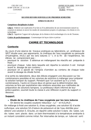 Première page de PCT Tle C — 2e devoir surveillé, 1er semestre (2019-2020) · CEG du Lac