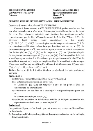 Première page de Mathématiques 2nde C — 2e devoir surveillé, 2e semestre (2019-2020) · CEG Kouhounou-Vêdoko