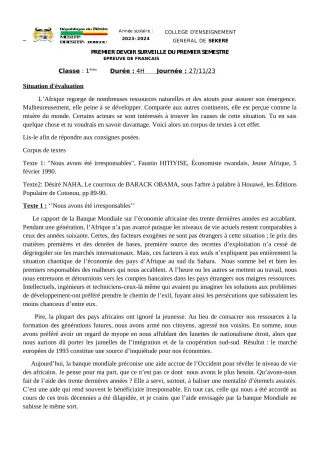 Première page de Français 1ère A2, 1ère D — 1er devoir surveillé, 1er semestre (2023-2024) · CEG SEKERE