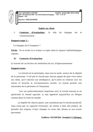 Première page de Philosophie Tle C, Tle D — 2e devoir surveillé, 2e semestre (2019-2020) · CEG 1 Akpakpa-Centre