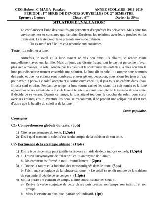 Première page de Français 6e, 5e, 4e, 4e ML, 3e, 3e ML — 1er devoir surveillé, 2e semestre (2018-2019) · CEG Hubert C. MAGA