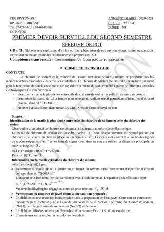 Première page de PCT 2nde C, 2nde D — 1er devoir surveillé, 2e semestre (2020-2021) · CEG FIYEGNON
