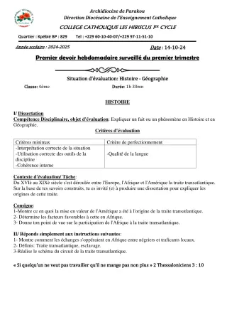 Première page de Histoire-Géographie 4e — 1er devoir surveillé, 1er trimestre (2024-2025) · Hibiscus 1er cycle