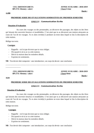 Première page de Français 6e, 5e, 4e, 4e ML, 3e, 3e ML, 2nde A & B — 1re évaluation sommative, 1er semestre (2018-2019) · CEG Ahossougbéta