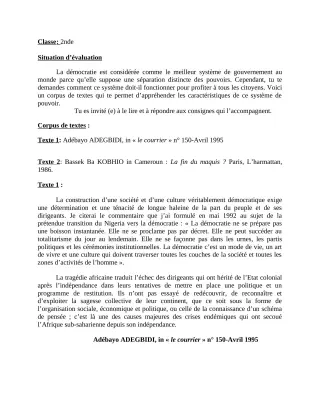 Première page de Devoir surveillé de FRANCAIS — 2nde A2, 2nde B, 2nde C, 2nde D — CEG Yagbe (2023)