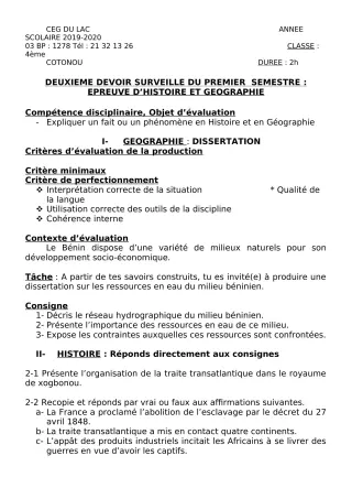 Première page de Histoire-Géographie 4e, 4e ML — 2e devoir surveillé, 1er semestre (2019-2020) · CEG du Lac
