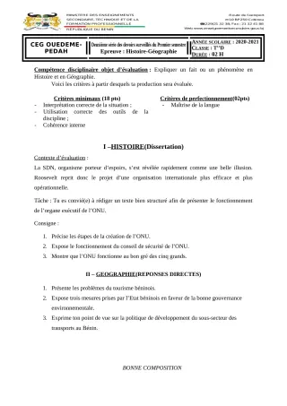 Première page de Histoire-Géographie Tle D — 2e devoir surveillé, 1er semestre (2020-2021) · CEG OUEDEME PEDAH
