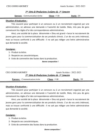 Première page de Français 4e — 1re production scolaire, 1er semestre (2022-2023) · CEG GOHO