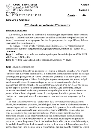 Première page de Français 1ère A2, 1ère B, 1ère C, 1ère D — 2e devoir surveillé, 1er trimestre (2020-2021) · CPEG SAINT Justin